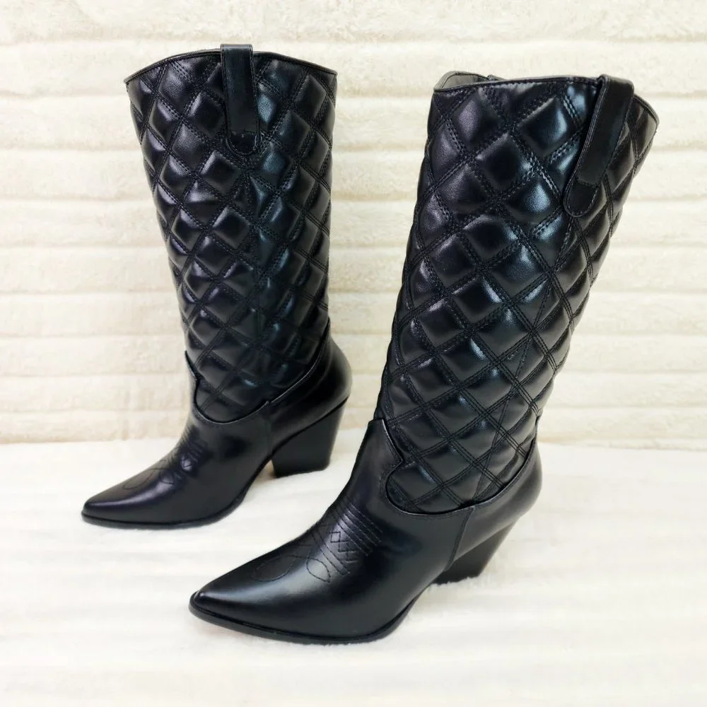 Bells Quilted Faux Leather Western Mid Calf Cowgirl Boots Black_7